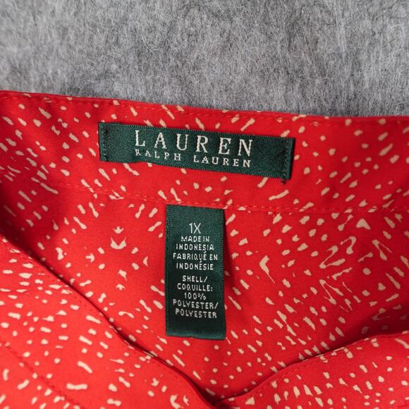 Ralph Lauren Top Womens 1X Tunic Red Long Sleeve Half Button Blouse Speckled - Picture 2 of 8